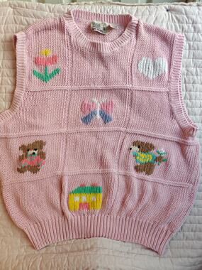 Vintage 90s Oak Bluff Pink Novelty Knit Sweater Vest 26 28 3X Bears House Hearts